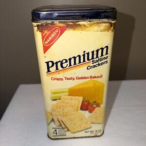 Vintage Nabisco Premium Saltine Crackers Advertising Tin Cream Red Blue Green